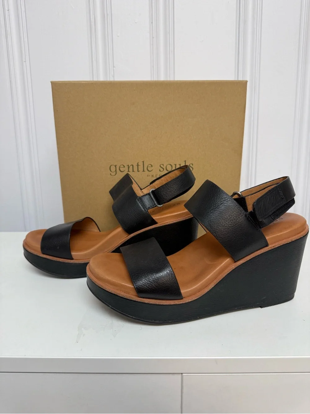 Gentle Souls Hope Black Leather Platform Wedge Sandals 9.5